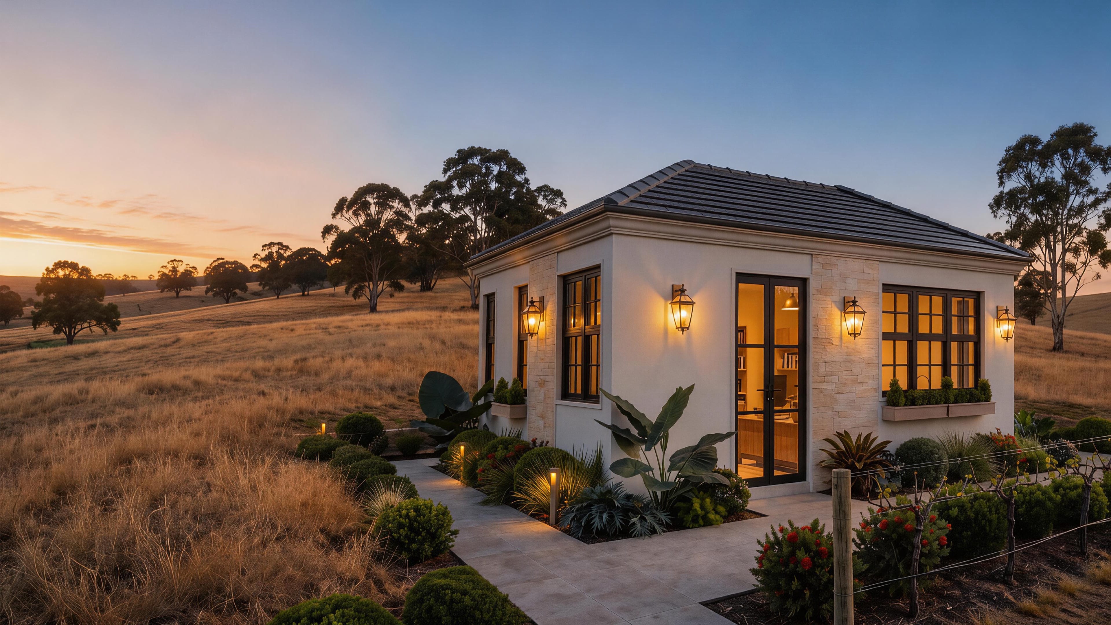Artist's impression of a Wadam Living Elementa modular home at dusk: a pale, low pavilion with a pitched roof and black-framed glazing, lit from within, on a golden hillside dotted with gum trees. Indicative only.