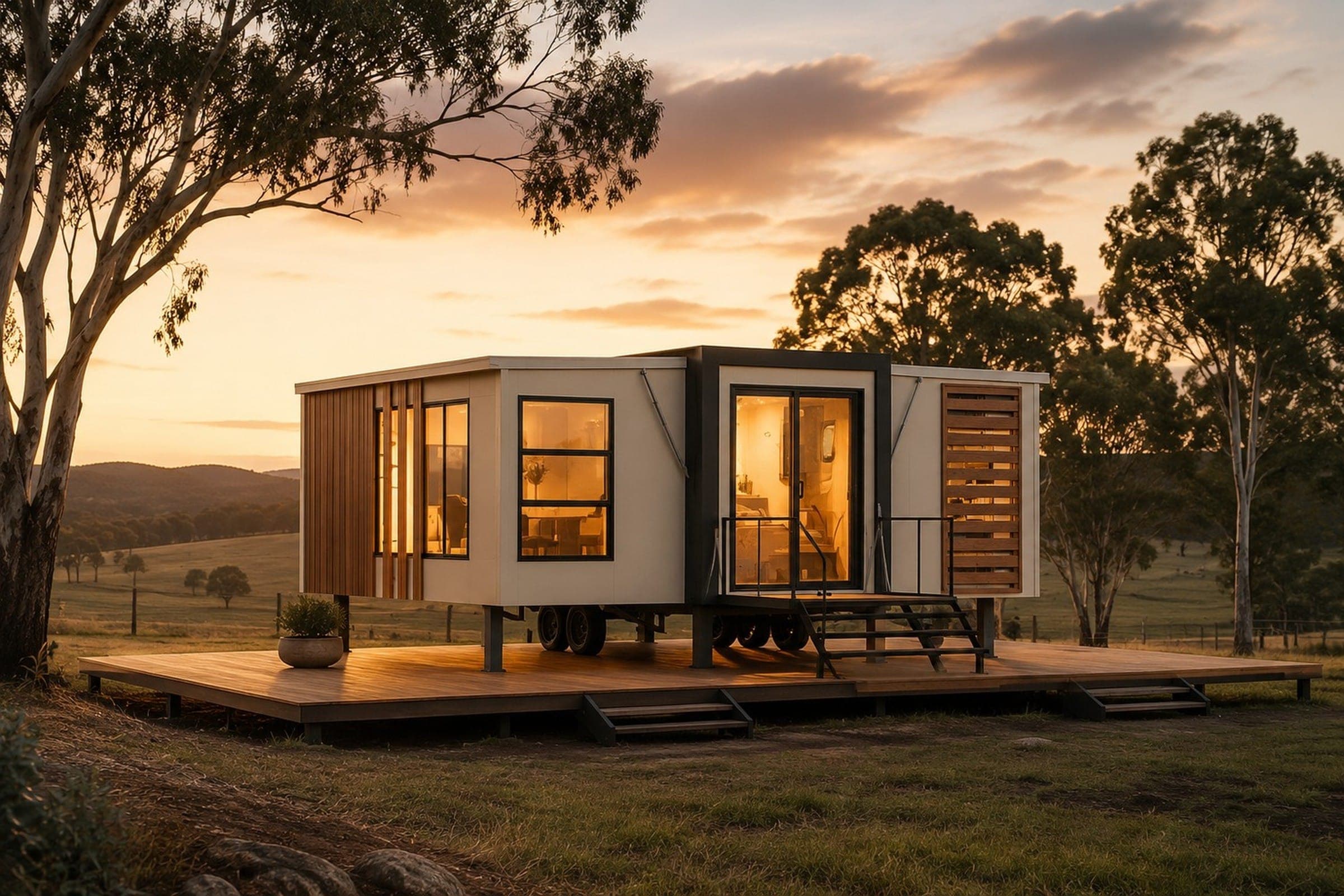 Nova at sunset on a timber deck in open country: pale walls with timber-slat panels, black-framed windows and glass doors lit from within, steps up to the door, and gum trees and rolling hills behind.