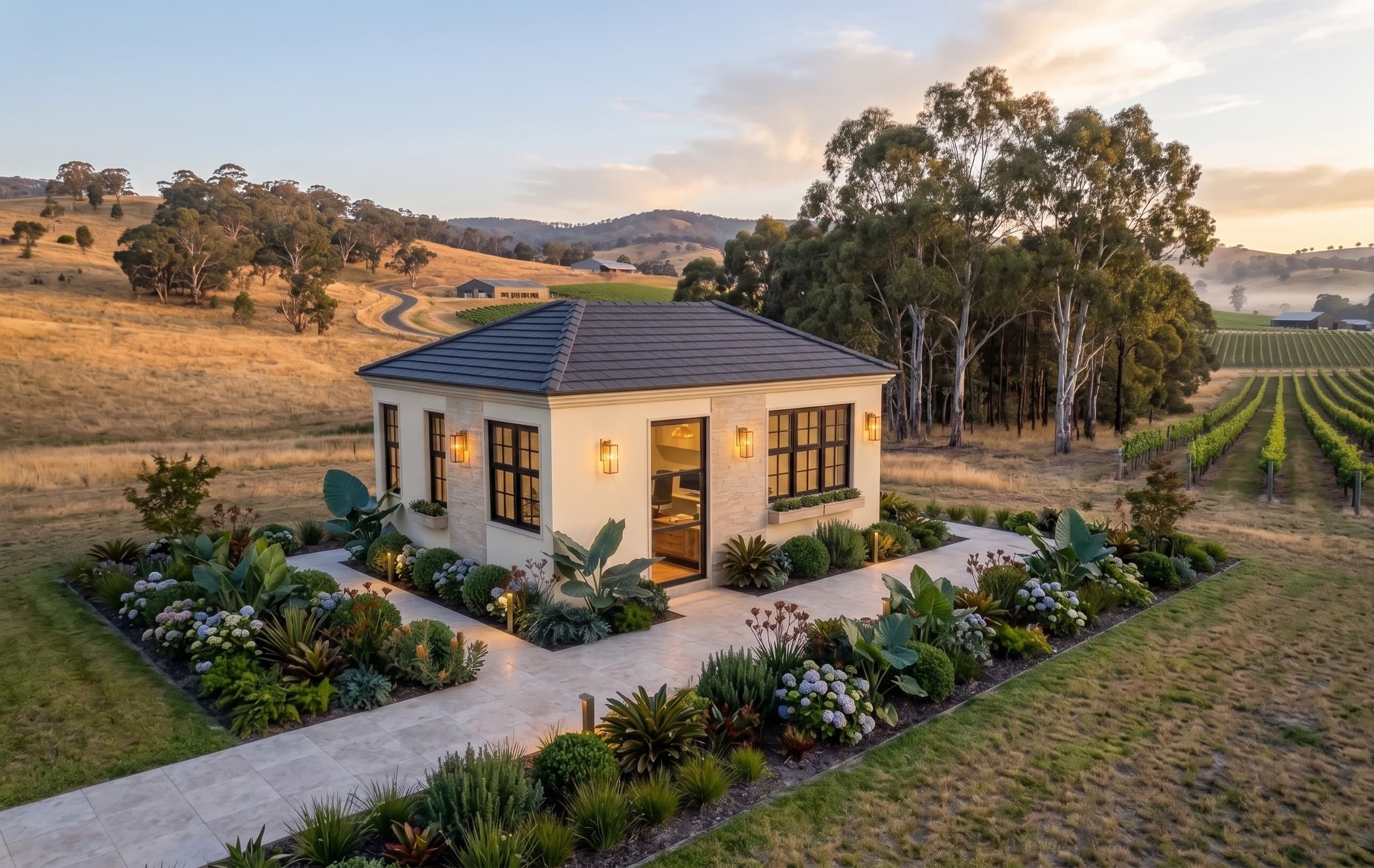 Artist's impression — aerial view of a finished Elementa home in its landscape setting. Indicative only.