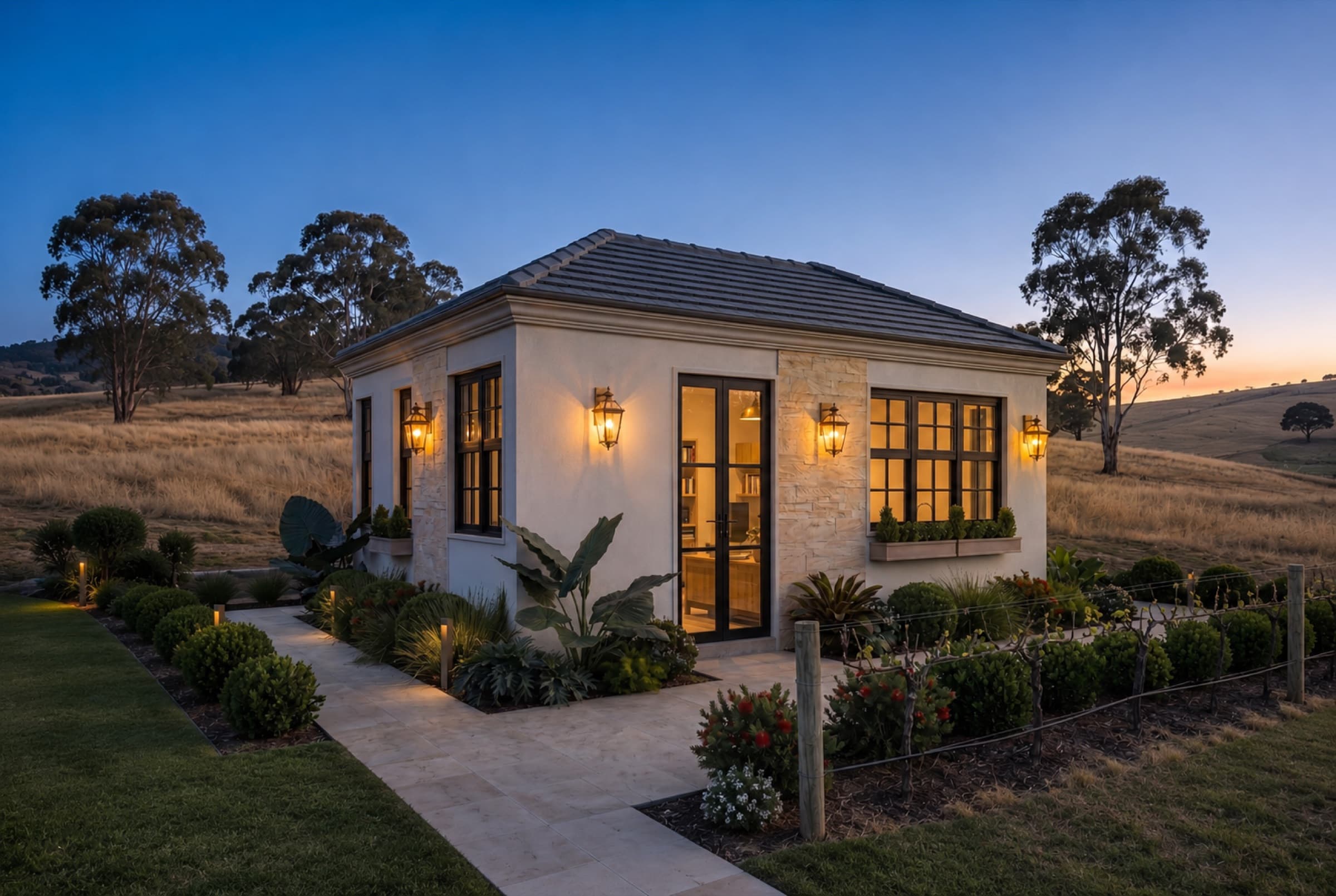 Artist's impression of an Elementa home used as premium guest accommodation in a rural setting. Indicative only.