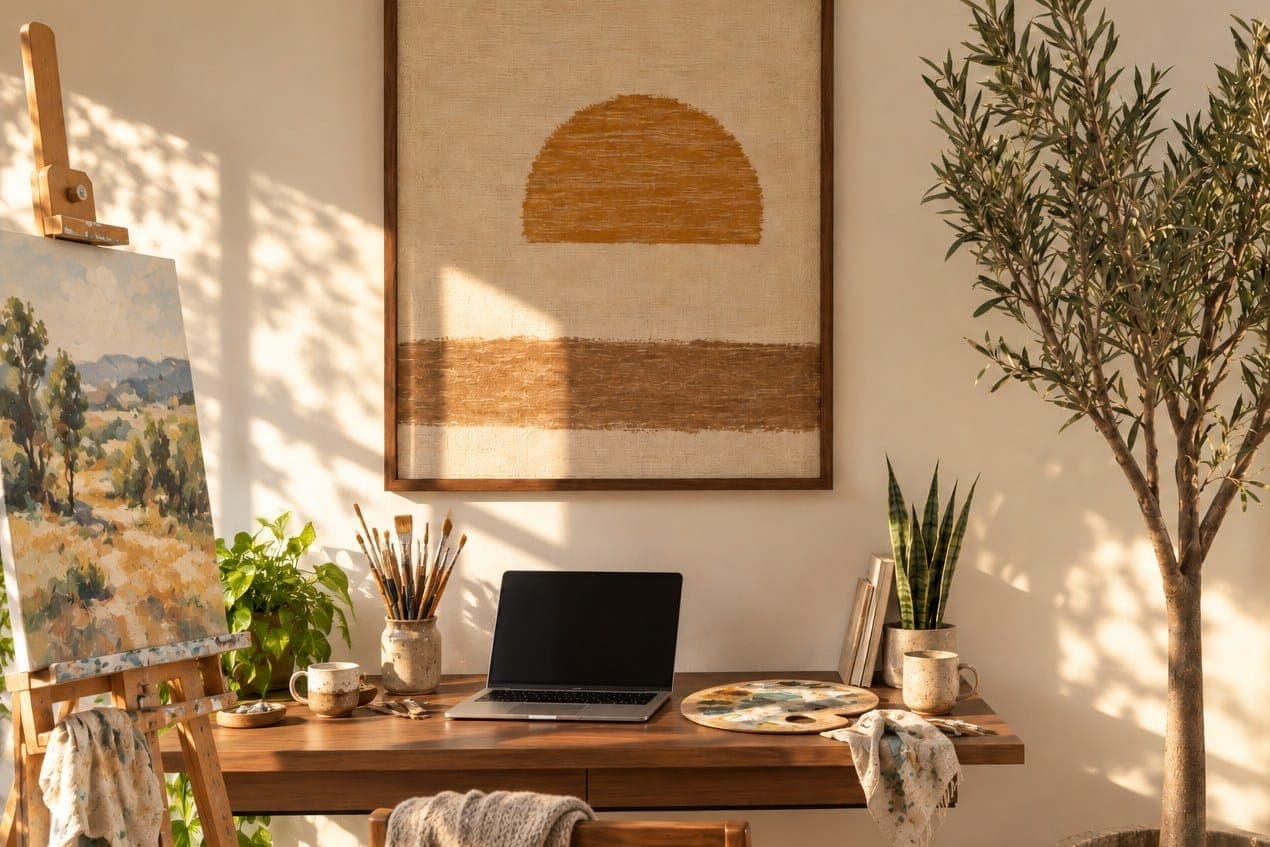 A corner of the Elementa Studio set up for painting: an easel holding a landscape canvas, a timber desk with a laptop, brushes and a palette, and an olive tree in afternoon light.