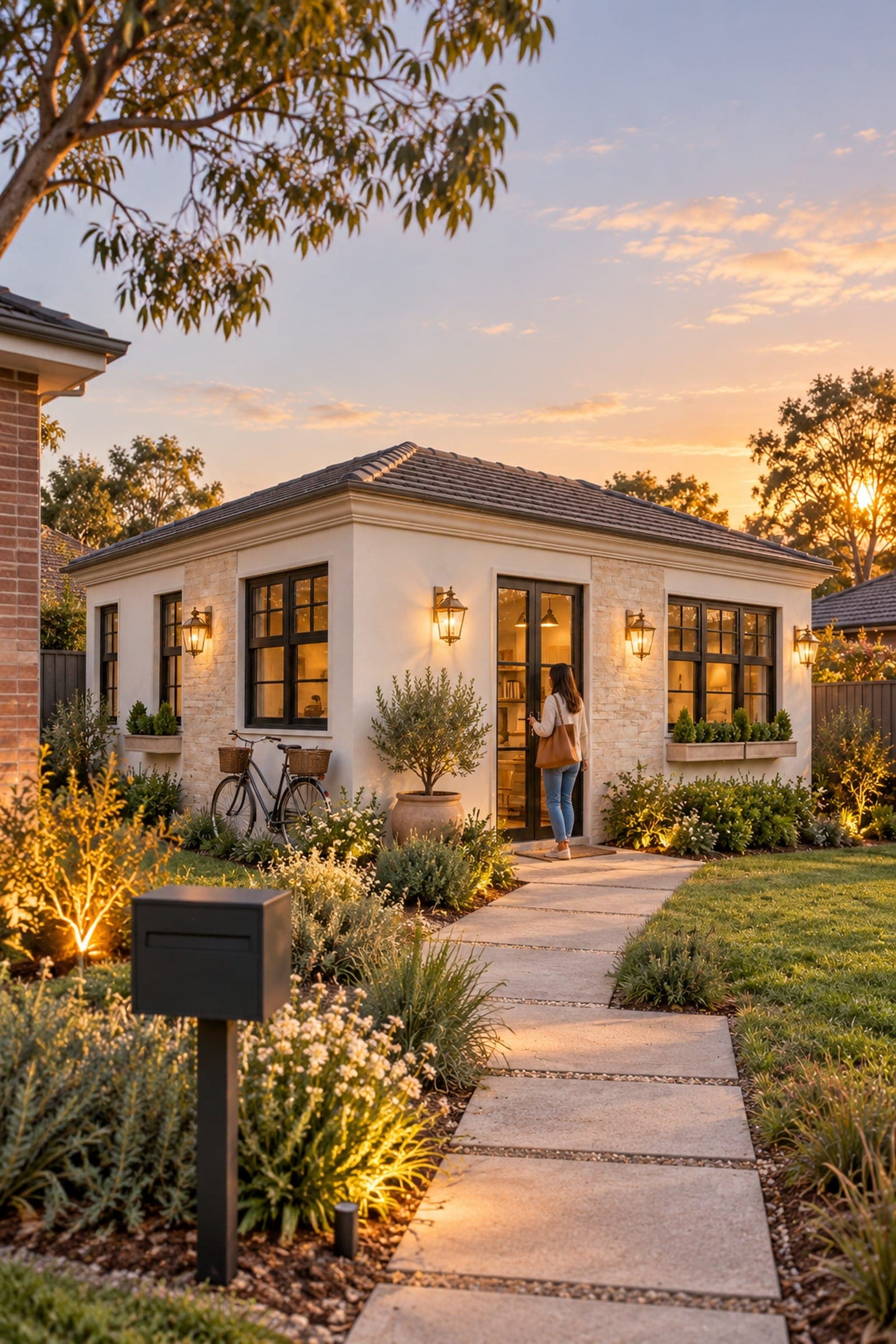 The Elementa one-bedroom home at sunset in a suburban garden: a woman with a shoulder bag at its glass doors, lanterns lit beside black-framed windows with window boxes, a stepping-stone path past a letterbox, and the corner of a brick house to one side.