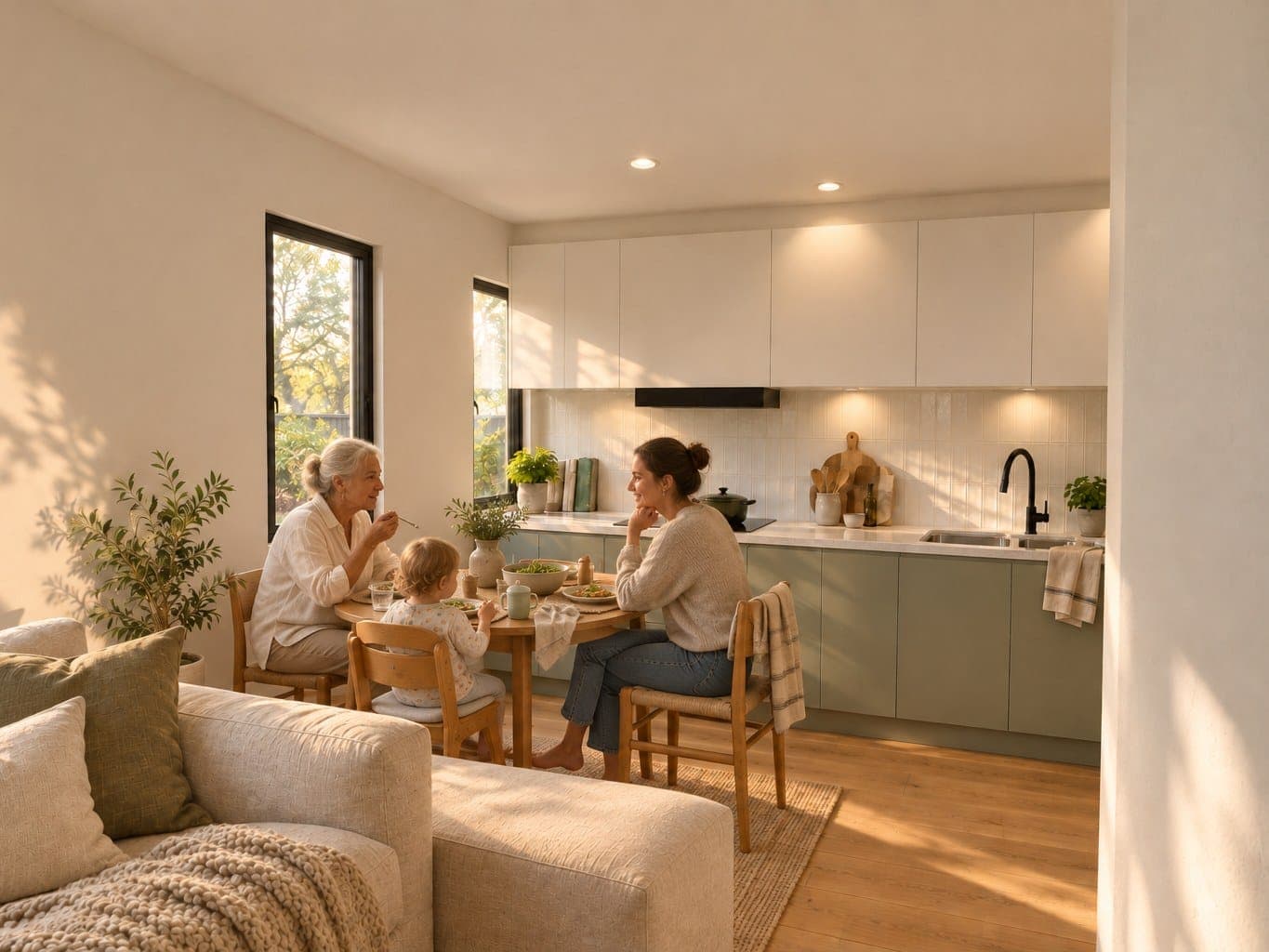 Three generations sharing a meal in the Elementa one-bedroom home: a grandmother, a parent and a toddler at a round timber table beside a kitchen of white and sage-green cupboards, a sofa in the foreground, lit by low sun.