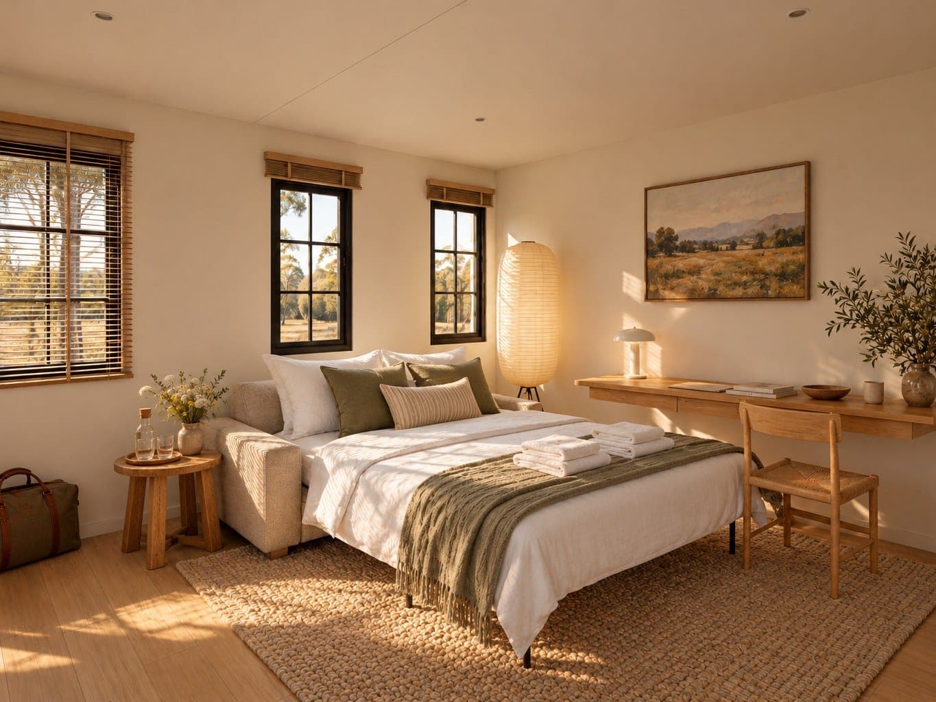 The Elementa Studio made up for a guest: a bed in white linen with an olive throw and folded towels, a tray with a carafe and glasses, a desk and a paper lamp, and a paddock through the windows in late sun.