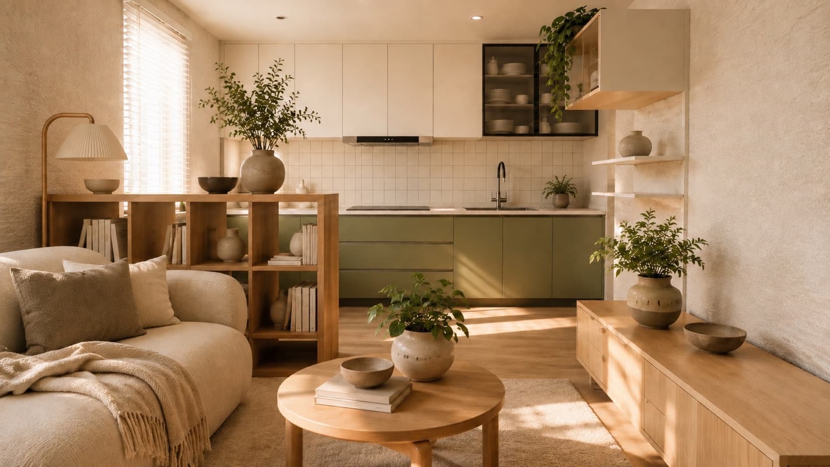 Inside the Elementa one-bedroom home in low sun: a sofa with a cream throw, a round timber coffee table, open timber shelving, and a kitchen of white and sage-green cupboards beyond.