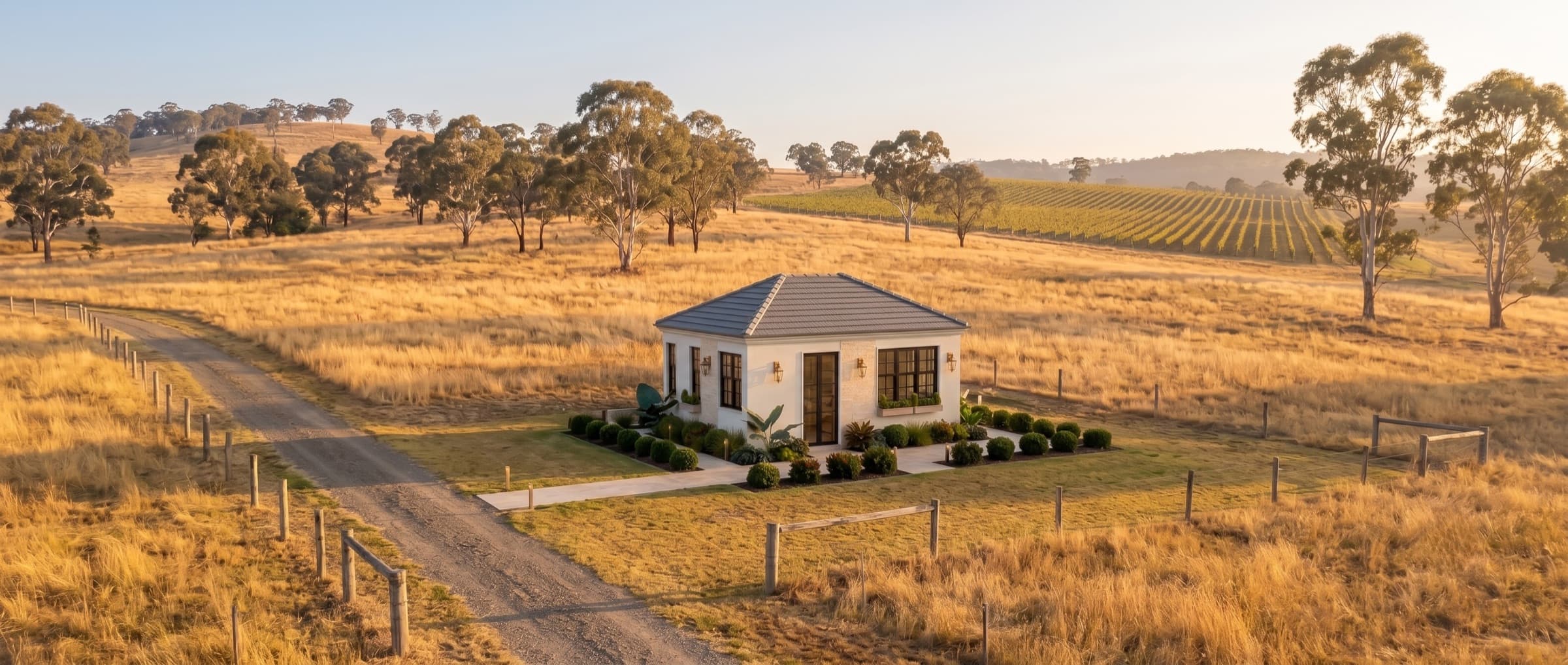 The Elementa one-bedroom home on a rural block at golden hour: a hip roof, rendered walls and black-framed glazing in a planted garden beside a gravel drive, with gum trees and a vineyard beyond.
